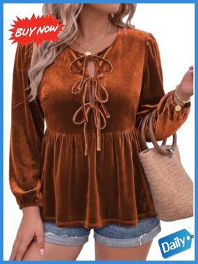 Womens Plus Size Velvet Babydoll Blouse Puff Sleeve Dressy Top